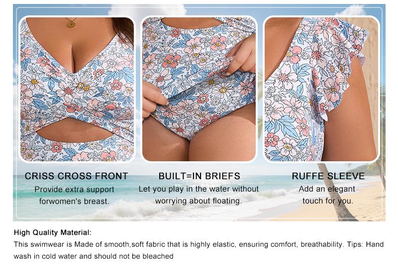 B2prity Women's Plus Size Swimsuit Tummy Control One Piece Swimdress Ruffle V Neck Cutout Wrap Bathing Suit with Skirt