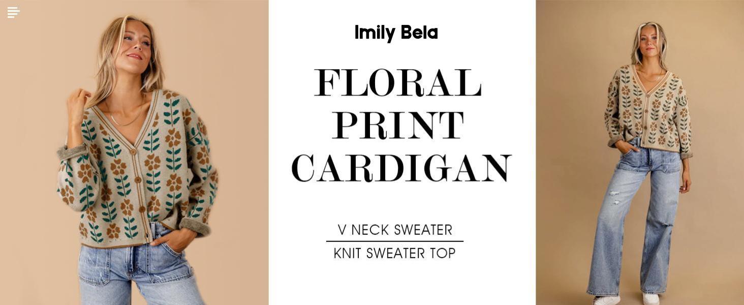 Imily Bela Womens Floral Print V Neck Cardigan Open Front Button Down Knit Sweater Long Sleeve Loose Fashion Tops