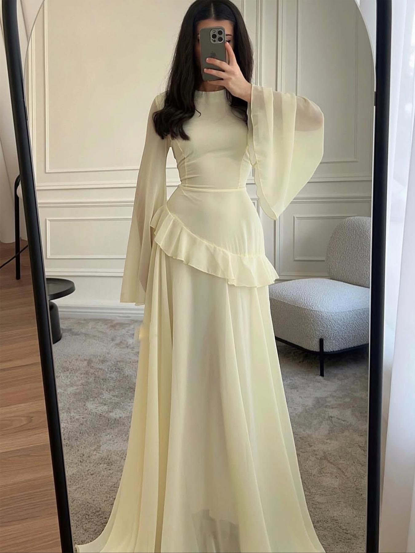 Pure Color Elegant Chic Long Sleeve Dress (long), Fitted Ruffle Design, Extra-Long Sleeve, Spring & Fall Fashion, Plain Style