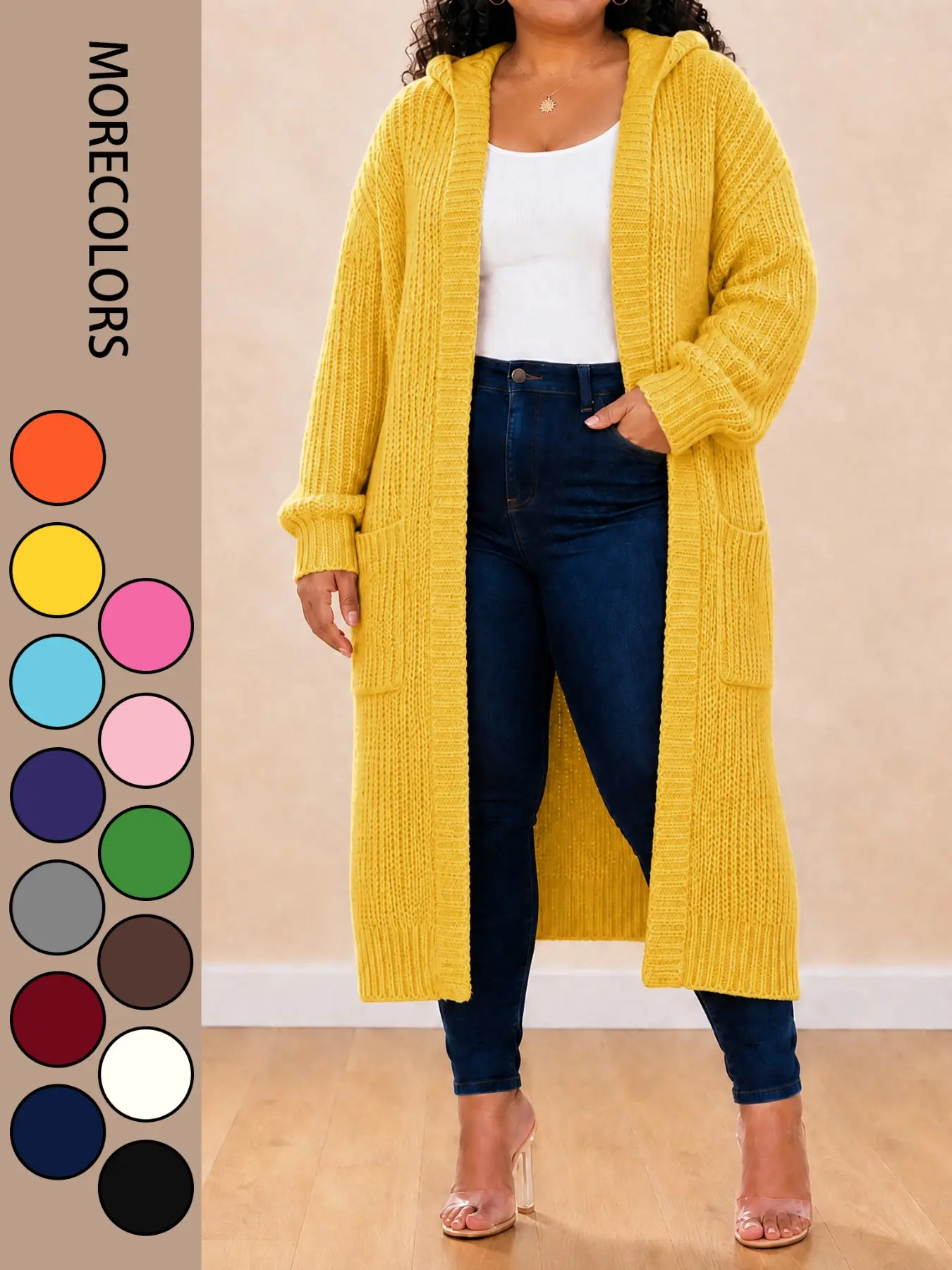 Hooded Long Knit Cardigan for Women, Open Front Chunky Knit Oversized Sweater Coat With Side Pockets, Fall Winter Casual Daily Layering Outerwear