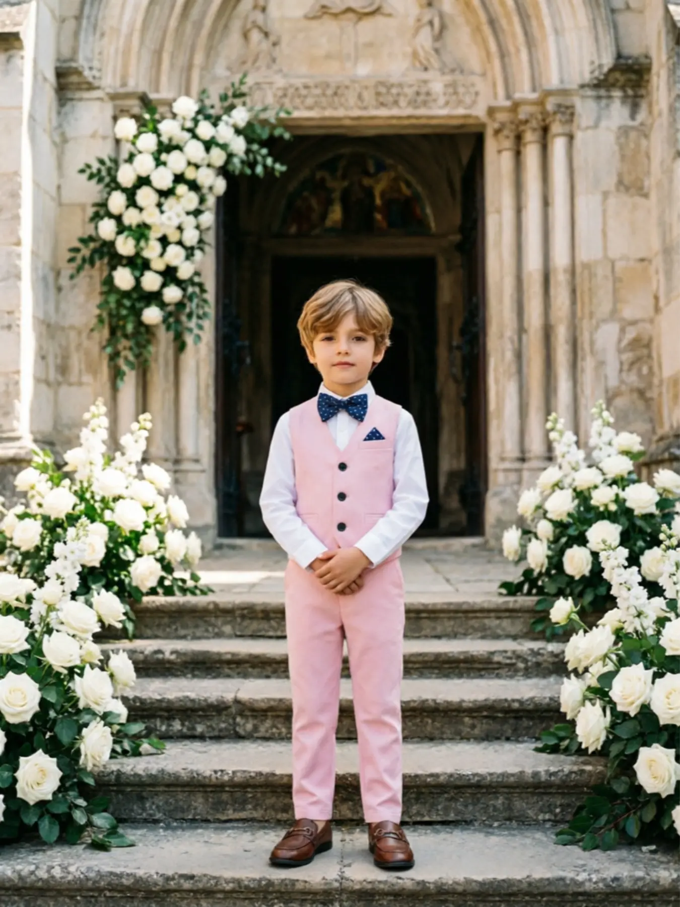 Toddler Boys Pink 3 Piece Vest Pants Bow Tie Formal Suit Soft Tone Baptism First Communion Christening Outfit Summer Garden Party Toddler Boy Clothes Lightweight