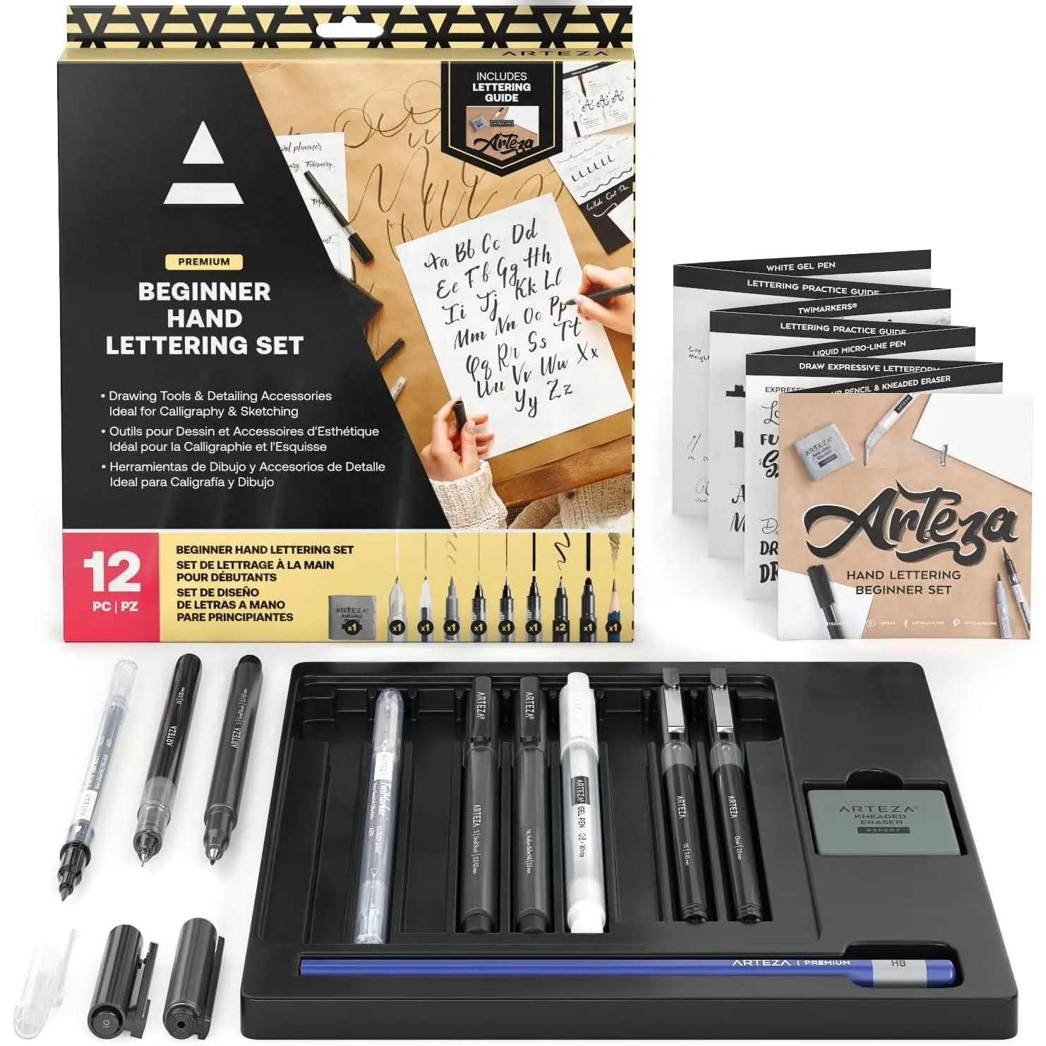 Hand Lettering Pens, 12- Calligraphy Set for Beginners, 5 -Line Pens, 2 TwiMarkers, Gel Pen,  Marker, Pencil, & Eraser, Art Supplies with a Guidebook