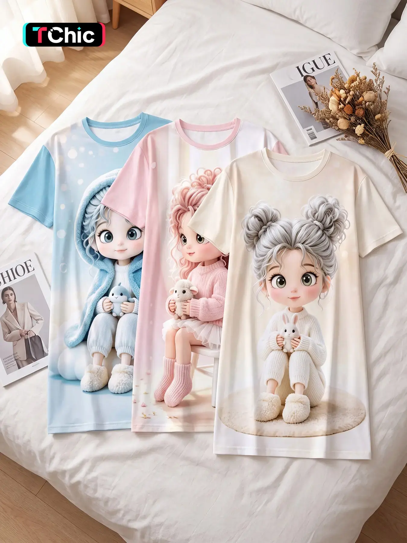 3 Pack Women’s Short Sleeve Crew Neck Sleep Dress, All Season Wear, Milk Tone 3 Styles Cute Pet Girl Print, Soft Cozy Nightgown for Lounging, Selfies and Daily Naps