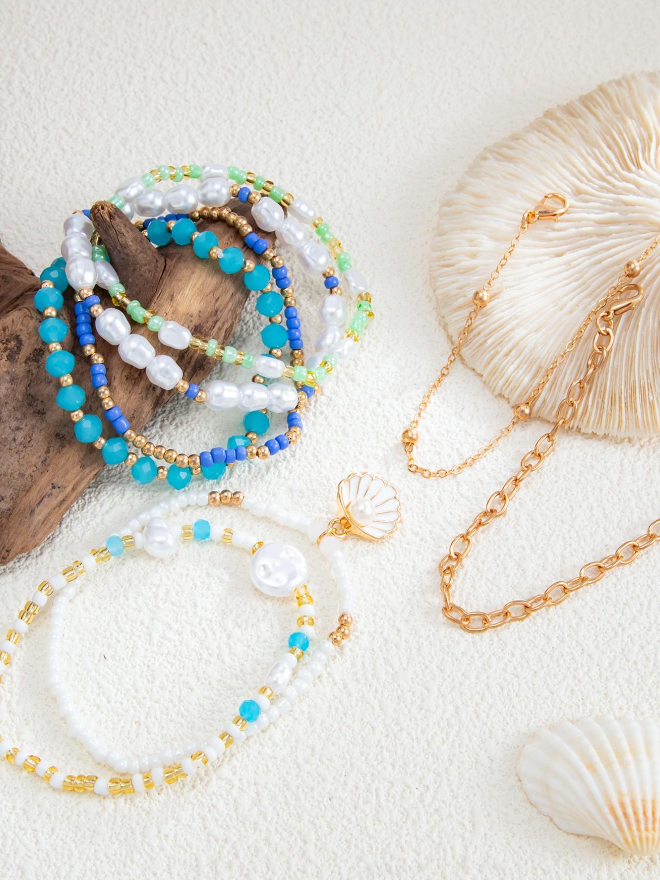 8-Piece Boho Multi-Layer Beaded Bracelet Set, Shell Faux Pearl Blue Block Stackable Wristbands, Spring Summer Beach Vacation Style