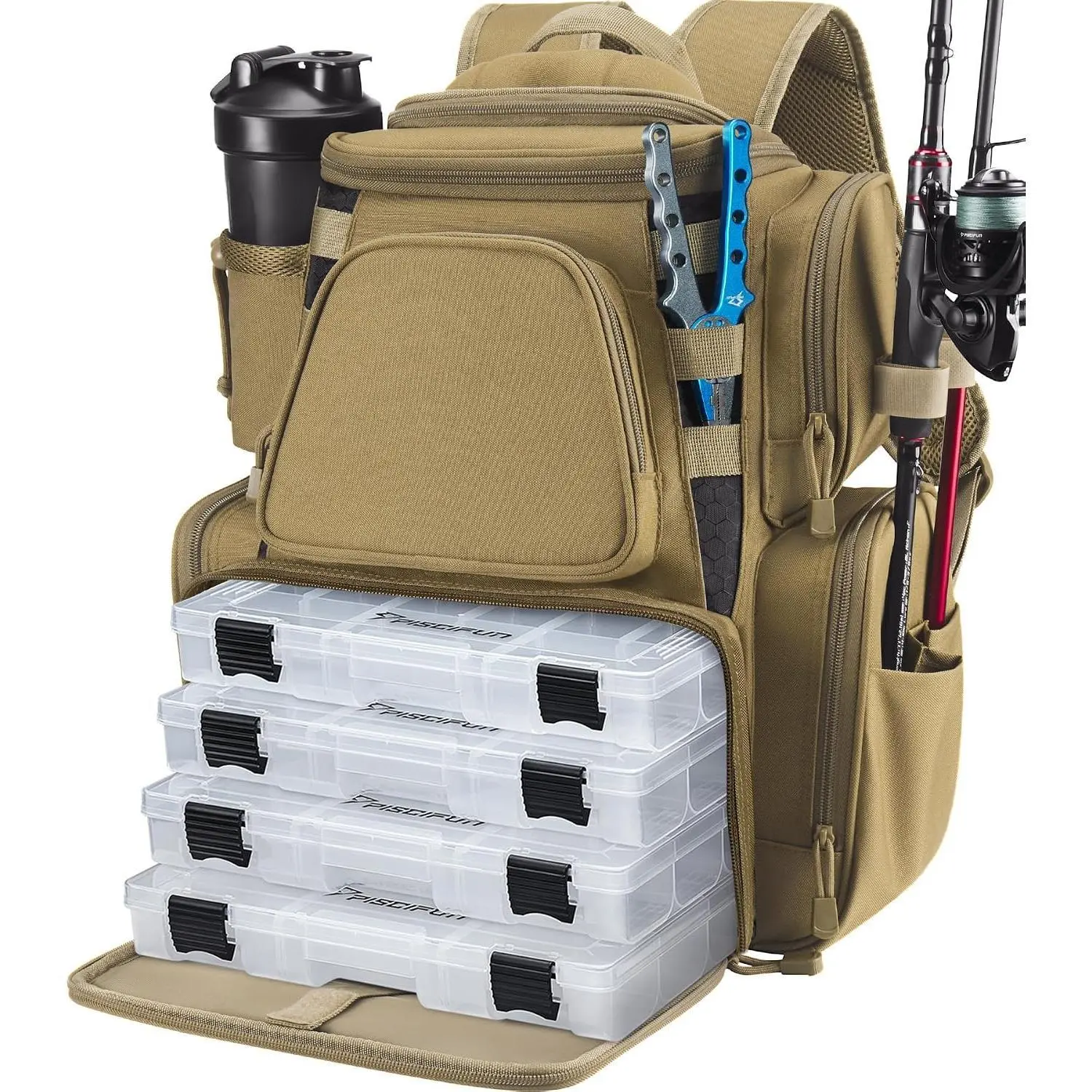 Piscifun Fishing Tackle Backpack with 2 Rod Holders, 4 Boxes & Rain Cover | Multi-pocket storage, fits 3600/3700 trays, bottle holder, padded straps for bank fishing