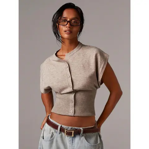 Lightweight Cap Sleeve Sweater Vest Button Up Dressy Sleeveless Knit Crop Top Sweater