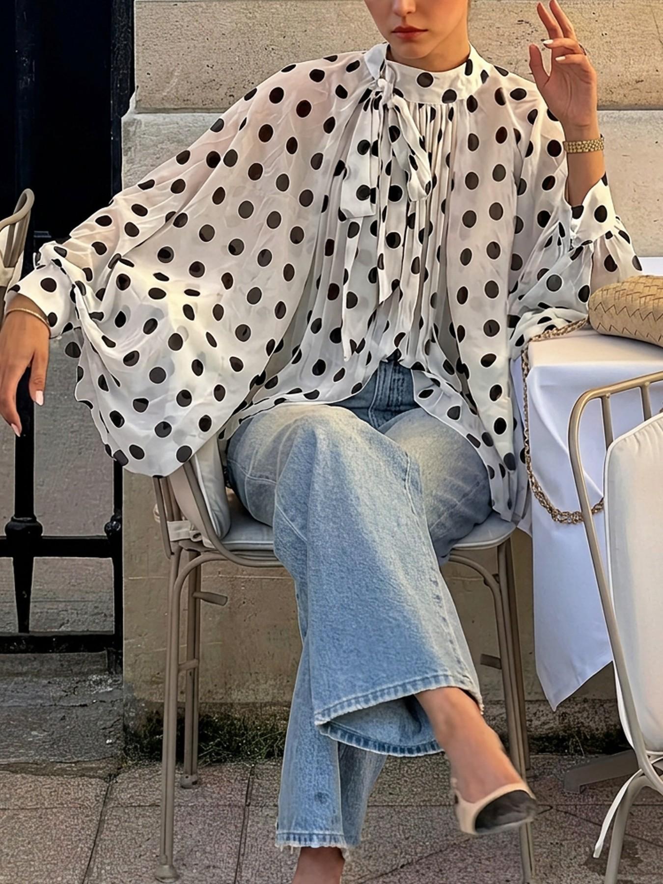 Women's Polka Dot Sheer Chiffon Blouse, Bow Tie Neck & Long-Sleeve Top, Loose Fit Elegant Feminine Shirt for Casual Daily, Party, Commute & Vacation Wear, Spring Summer Layering