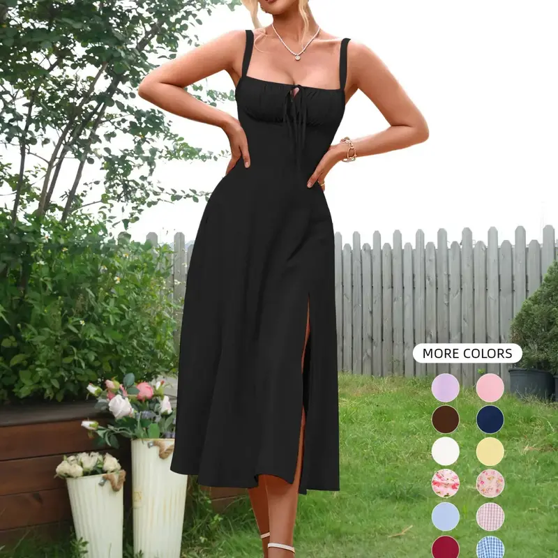 Parthea Women's Plain Ruched Boning Corset Milkmaid Dress, Lace Up Dress, Party Dress, Fit, Tie Front Dress, Aesthetic Square Neck Midi Dress, Dresses for Women, Frenchy Style Non Bodycon Dress Christmas, Formal Dresses, Adjustable Straps, Formal Wear