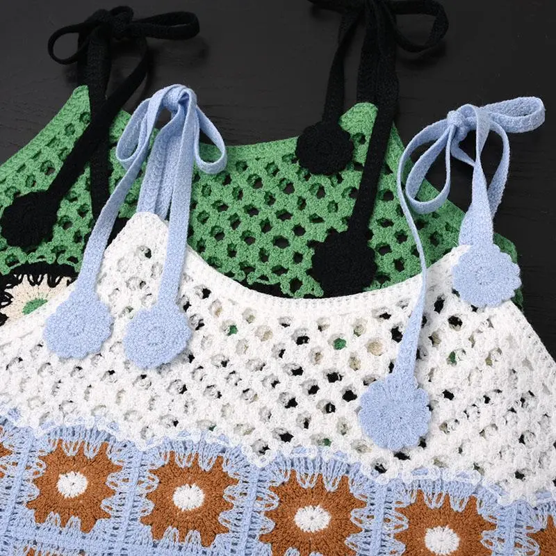 Granny Square Crochet Tie Shoulder Cami Top Sheer Openwork Knit Crop Top Cami Tank Vest Women Boho Summer Beach Outfit