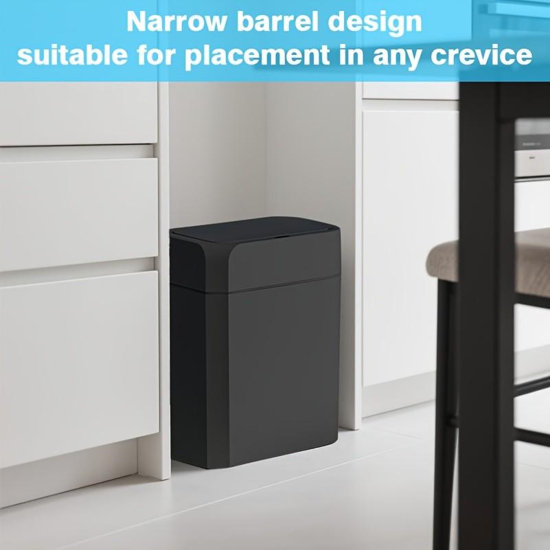 Touchless Trash Can, 3.43 & 5.02 GAL sizes available, automatic motion sensor garbage bin, hands-free soft-close lid, slim plastic body with odor-sealing design, suitable for kitchen, bathroom, office, hotel, requires 2 AA batteries (not included).