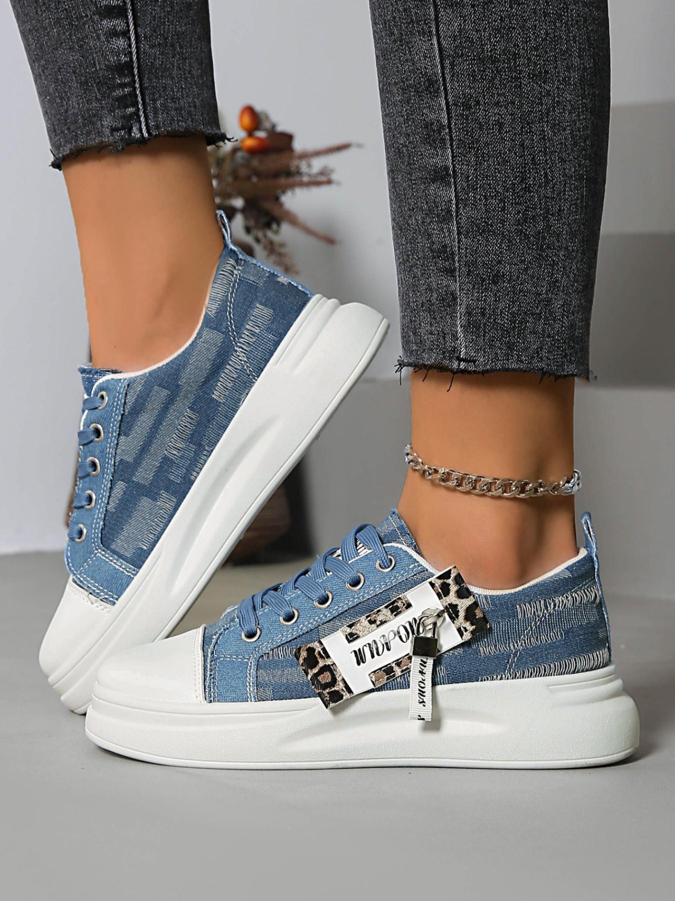 Vintage Denim Thick Sole Sneakers, Trainer, Leopard Print Zipper Decor, Casual Height-Boosting Women's Shoes, Perfect for Students