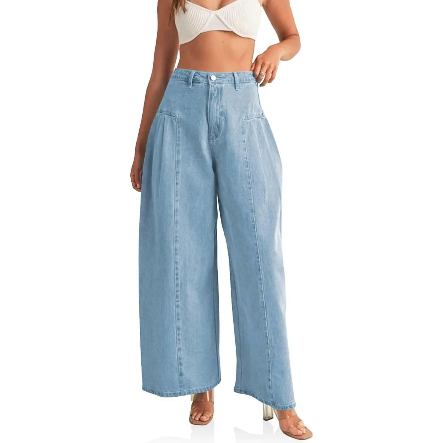 Imily Bela Women's High-Waist Minimalist Basic Jeans - Chic Baggy Boyfriend Style with Side Pleats, Loose Wide-Leg Denim Bottoms for Women's Clothes, Tees, Blouses, Dress,summerwins,back to school shopping