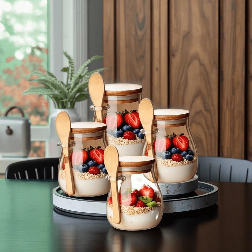 11.96 oz Glass Cup, Overnight Oatmeal Cup Set 1/2 Piece, Mason Jar Salad Bowl for Food Preparation, Salad Bowl, Oatmeal Jar, Oatmeal Cup, Food Preparation Container with Lid Spoon, Glass Jar for Chia Seeds, Pudding, Yogurt