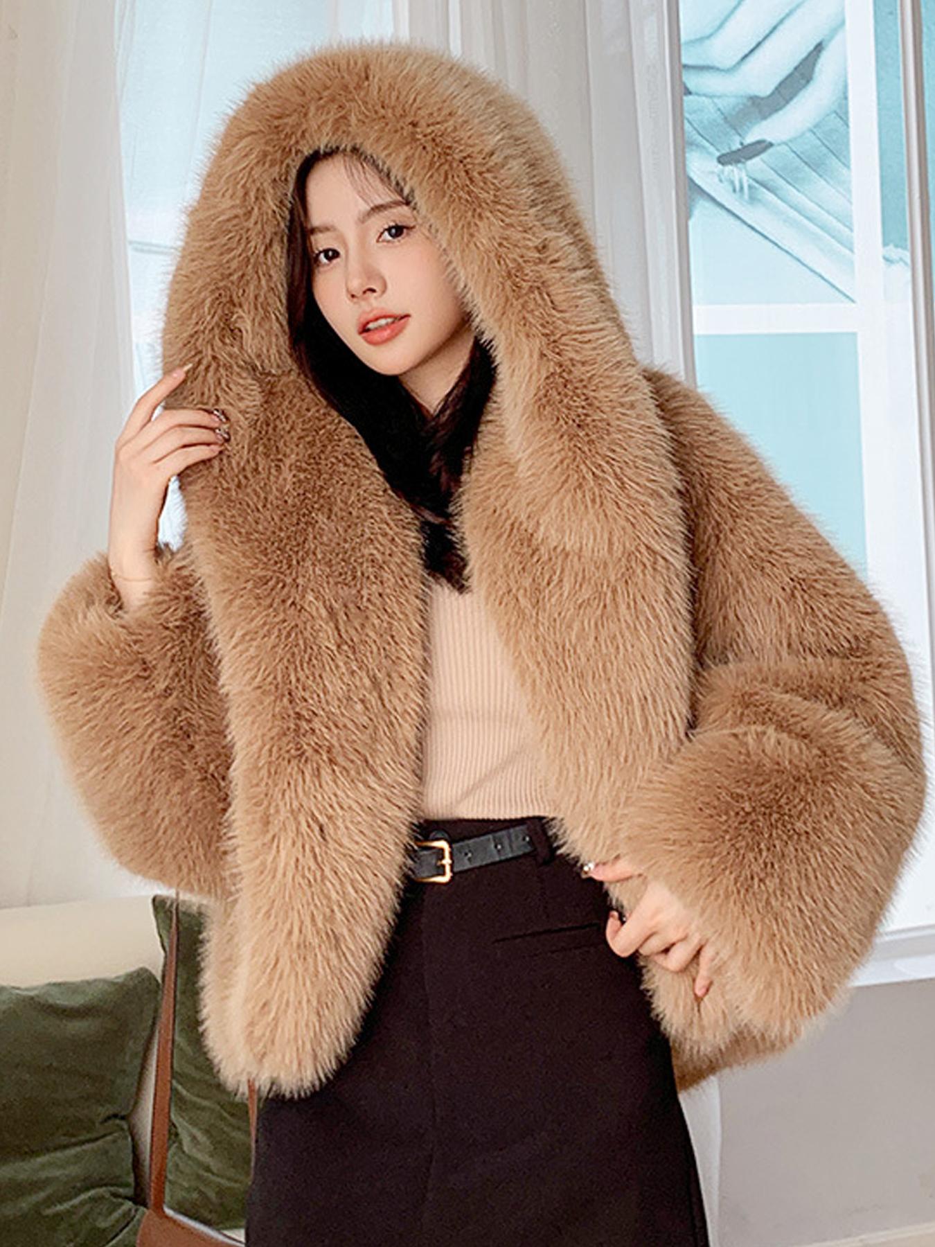 Women's Solid Color Hooded Faux Fur Coat, Casual Long Sleeve Thermal Outerwear for Fall & Winter, Women's Clothing for Daily Wear