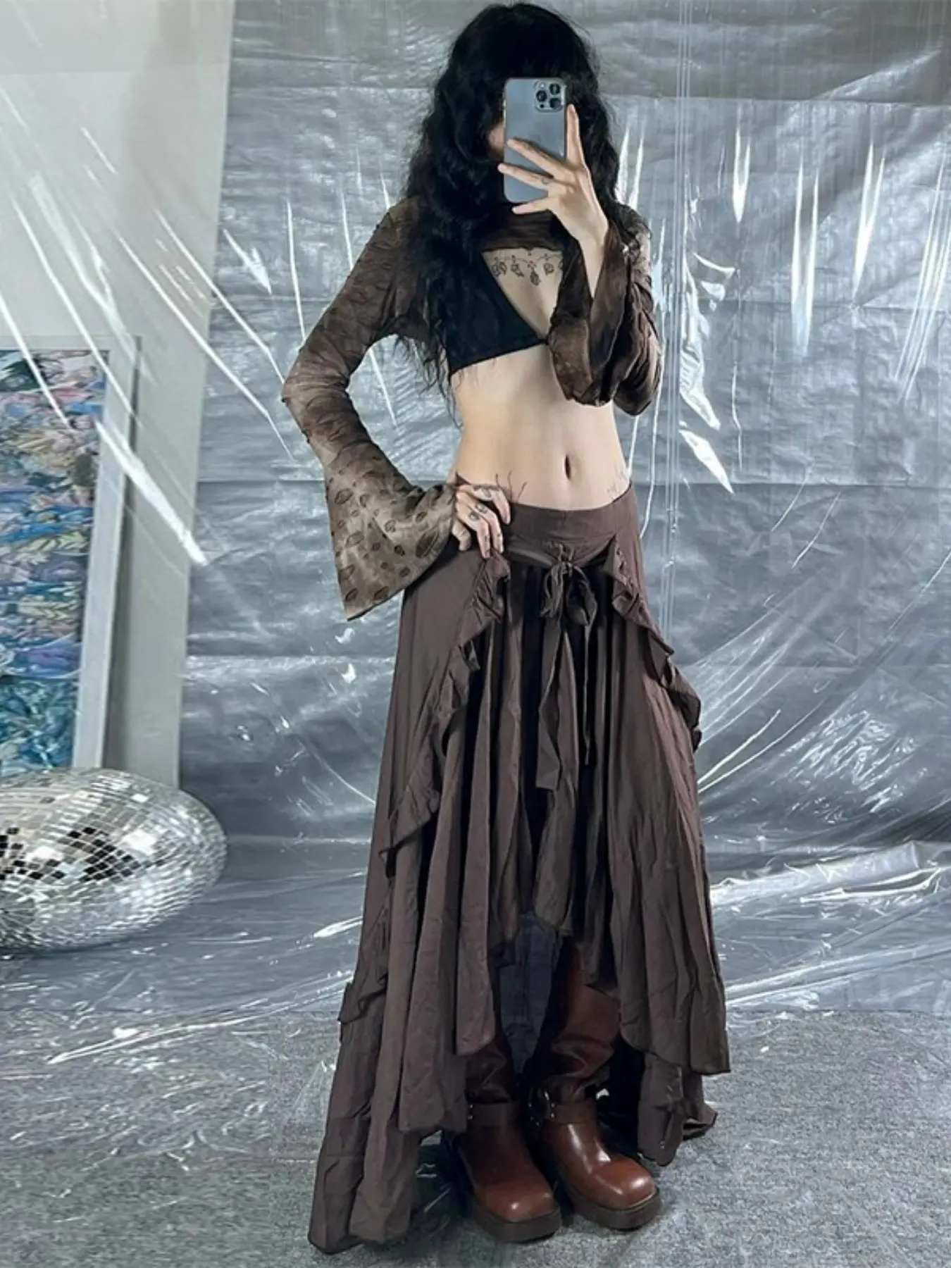Women High Waist Ruffle Trim Irregular Maxi Skirt, Back Tie Bow, Flowy Crinkle Fabric, Boho Long Skirt, Y2K Style, Pleated Bohemian Skirt, All Seasons