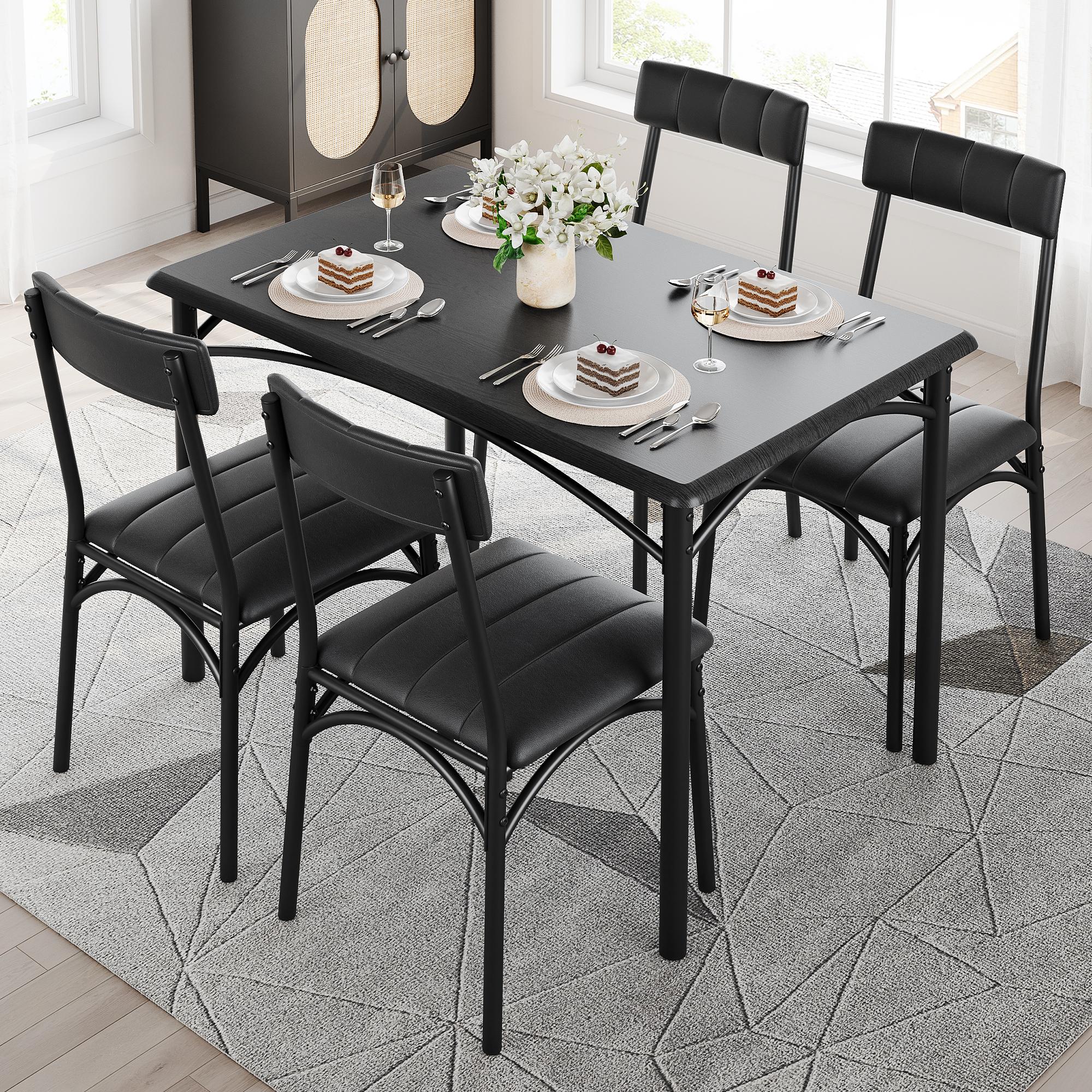 Dining Table Set for 4, Kitchen Table and Chairs, Metal and Wood Rectangular Dining Room Table Set with 4 Upholstered Chairs, 5 Piece Dining Set for Small Space, Apartment, Rustic Brown,Black,Grey Furniture Modern Home