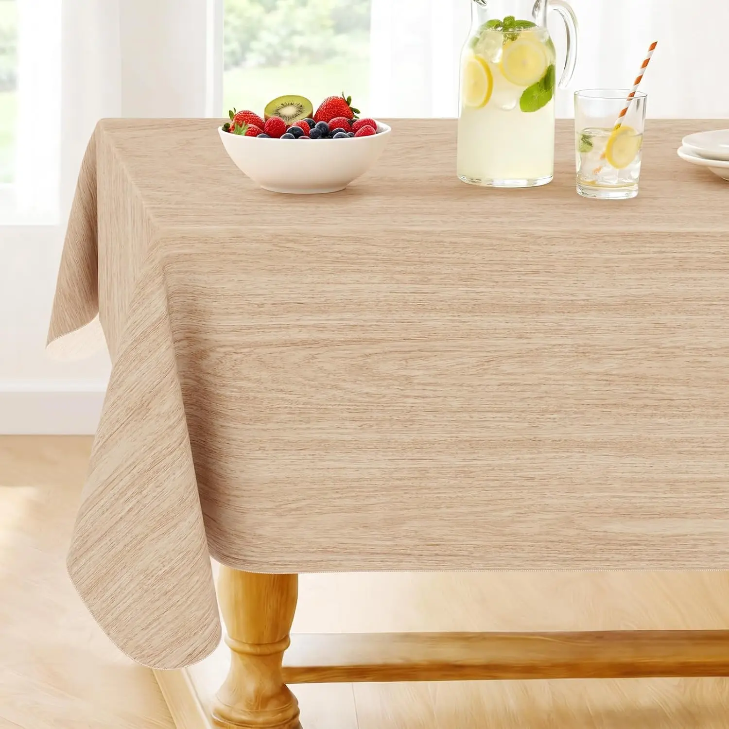Rectangle Table Cloth, Waterproof Vinyl Tablecloths with Flannel Backing, Wipeable Spillproof Plastic Wood Grain Table Cover for Dining, Indoor and Outdoor (Beige, 60 "x 84")