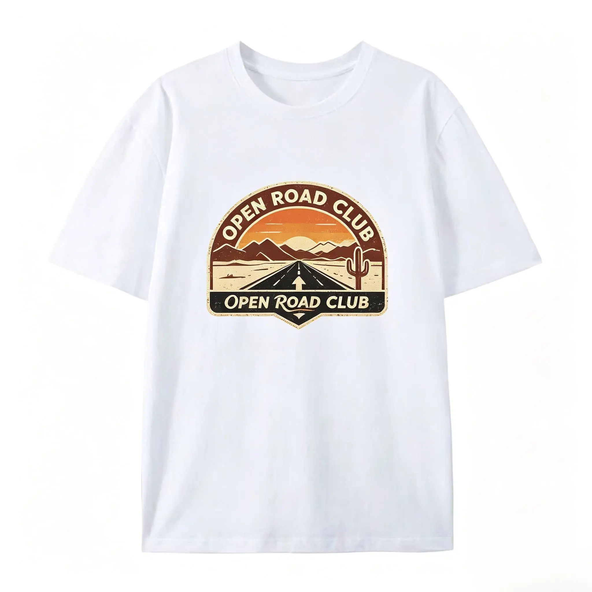 Retro Open Road Club Desert Cactus Mountain Graphic Oversized Cotton T Shirt, Comfort Fashion Cute Casual Outfit, Ideal Valentine Holiday Birthday Gift For Road Trip Lover Him Her Family Present