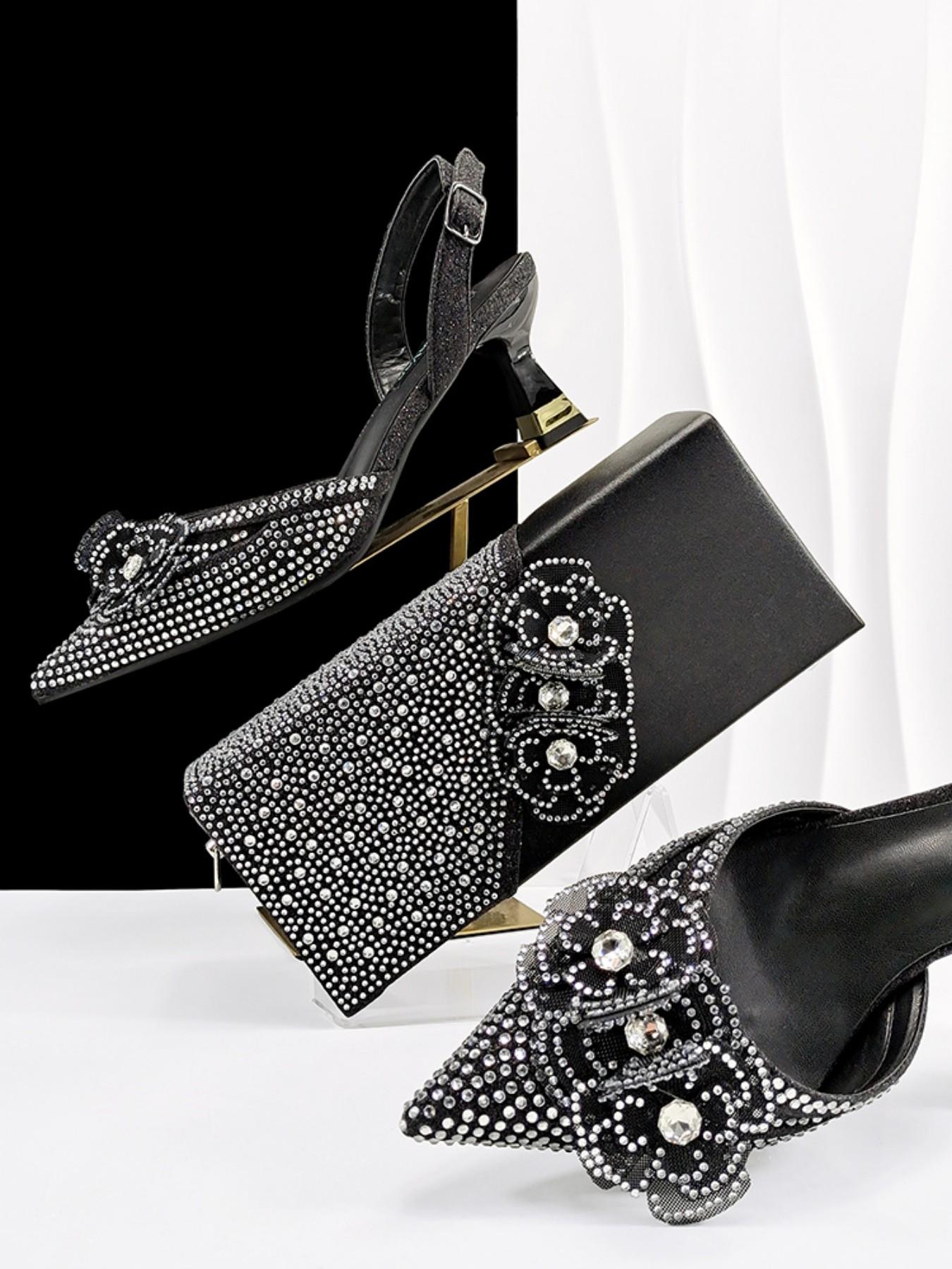 2026 Elegant Silver Pointed-Toe High Heels Shoes with Diamond Accents & Matching Bag - Ideal for Party Elegance