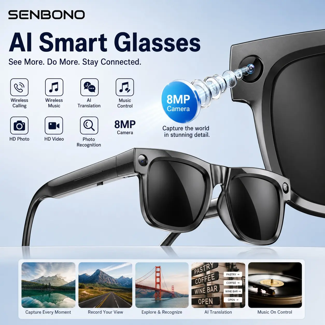SENBONO Smart Glasses with 8mp Camera, Touch Control Bluetooth-compatible, Dual Speakers, Ideal for Commuting, Fitness, Travel, Daily Entertainment