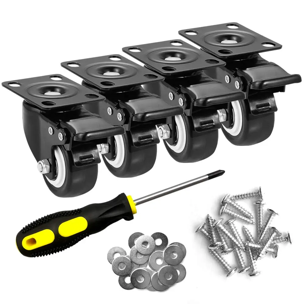 4-Pack 2" Heavy Duty Swivel Plate Caster Wheels, Locking Brake, No Noise Polyurethane (PU) Wheels for Indoor/Outdoor Hardware Use