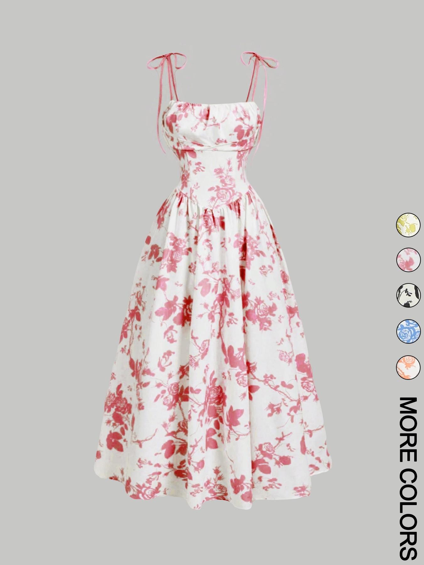 Women's Floral Print Tie Shoulder Cami Dress, Fashion Casual Sleeveless Spaghetti Strap Dress for Daily Outdoor Wear, Women Dress for Summer