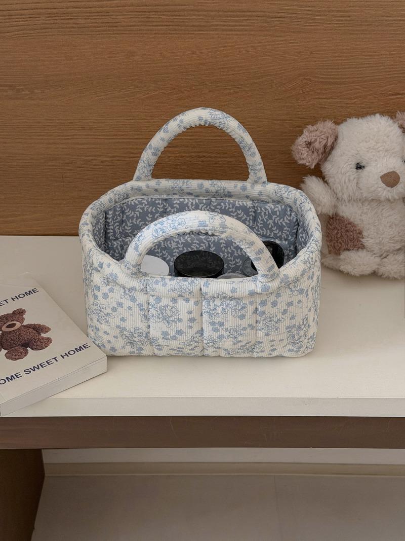 Flannel Peony Storage Basket, Floral Quilted Handheld Organizer, Desktop Living Room Bedroom Sorter, Cosmetic Bags