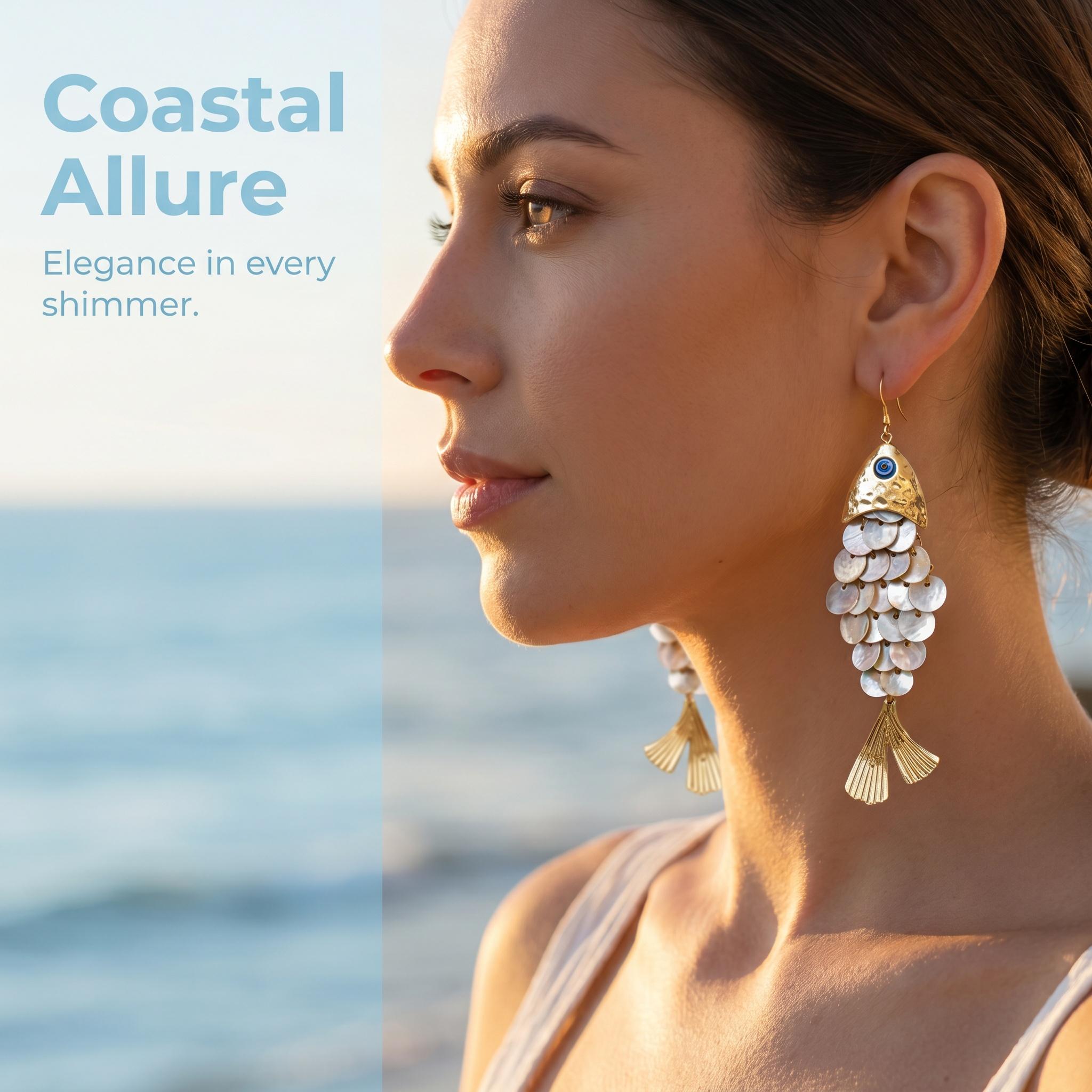 Organic Shell Drop Earrings, Women's Coastal Animal Jewelry with Fish Shape and Fringe Detail for Daily Wear, Beach, Natural, Alloy, Beachwear, Whimsical Earrings, Fish Silhouette, Shell Alloy, Standard Post Organic Shell Drop Earrings, Women's Coastal Animal Jewelry with Fish Shape and Fringe Detail for Daily Wear, Beach, Natural, Alloy, Beachwear, Whimsical Earrings, Fish Silhouette, Shell Alloy, Standard Post