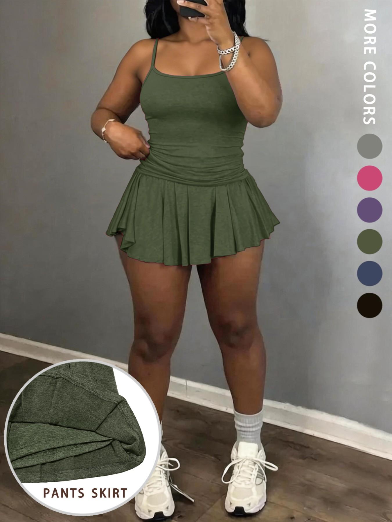 Fashion Sporty Halter Top Women's Set, Integrated Anti-Slip Design Running Sports Short Skirt Two-Piece, Casual Style