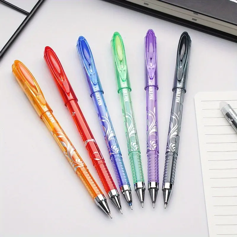 6/12pcs Set Erasable Gel Rolling Ball Pens with Eraser, Smooth Writing for School, Classroom, Teacher & Office Stationery – Black, Blue, Red, Orange, Purple