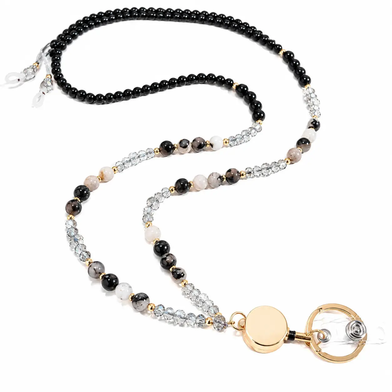 Ergonomic Retractable ID Badge Lanyard for Teachers and Professionals Featuring Natural Stone Beads, Soft Adjustable Strap, Secure Clip Attachment, and Compact Card Holder for Keys or Access Cards