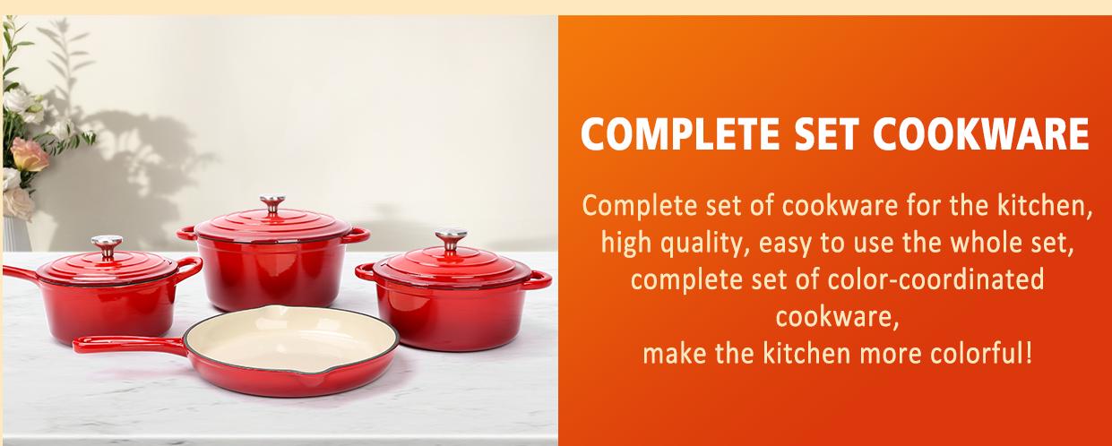 Elf Grill Enameled Cast Iron Cookware Set 7 Piece Rouge Red Dutch Ovens Sauce Pan Skillet 3 Lids Nonstick Heavy Duty Gas Induction Compatible PFA Free Kitchenware - Pot