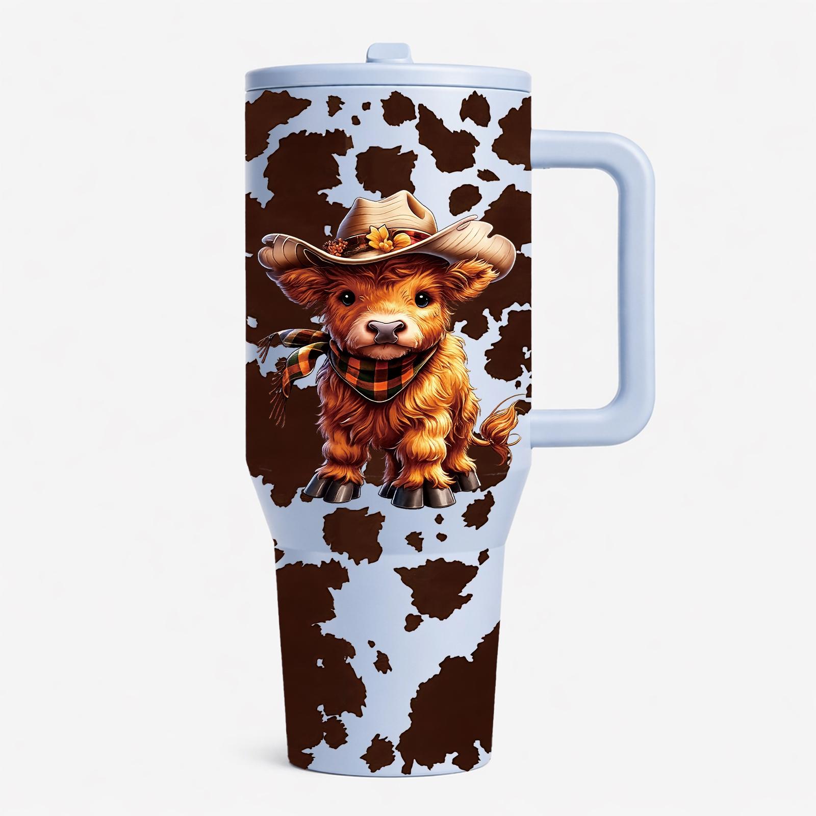 40oz Farm Style Car Travel Mug with Handle, Cute Highland Cow Design, Cow Print Pattern, Large Capacity Tumbler for Hot & Cold Drinks, Fits Car Cup Holder, Leak Resistant Lid, Western Country Gift for Women Men, Road Trip Coffee Cup