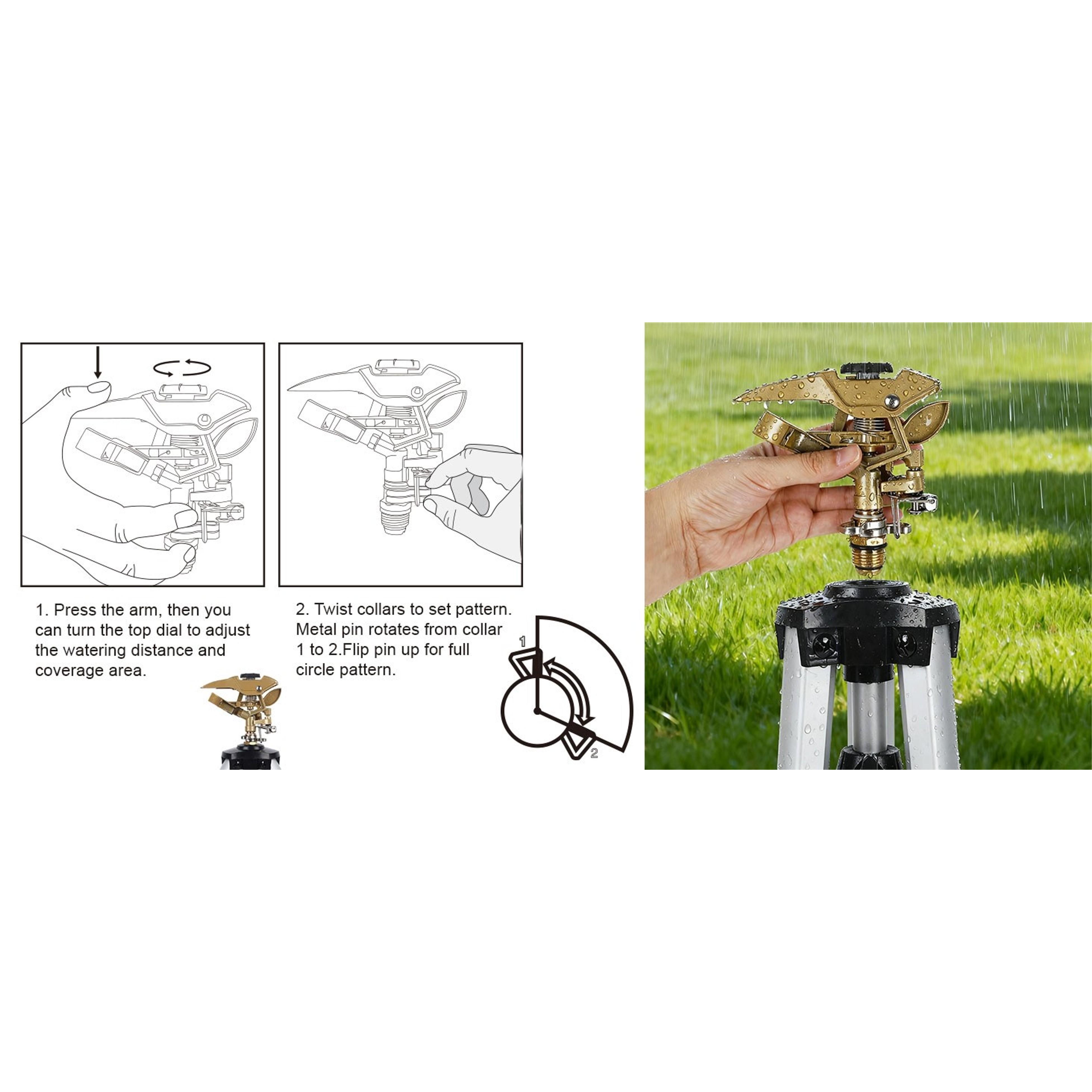 Large Impact Sprinkler Head on Tripod Base - Adjustable Zinc Alloy Lawn Sprinkler for Yard Lawn Garden, 3/4" NH Connector, 360° Coverage Irrigator with Extension Legs, 2 Pack Large Impact Sprinkler Head on Tripod Base - Adjustable Zinc Alloy Lawn Sprinkler for Yard Lawn Garden, 3/4" NH Connector, 360° Coverage Irrigator with Extension Legs, 2 Pack