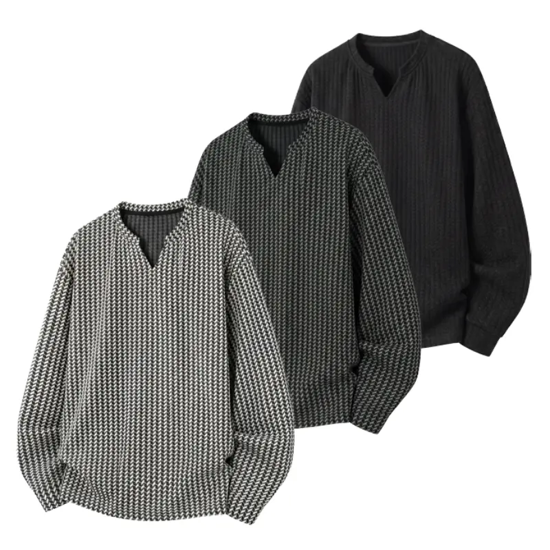 Men's V-Neck Houndstooth Textured Pullover - Foldable, Notched Collar, Long Length, Dropped Shoulder Long Sleeve Top, Ribbed Hem, Polyester Clothes, Soft Breathable Fabric, Machine Wash for Spring Autumn Street Layered Outfits