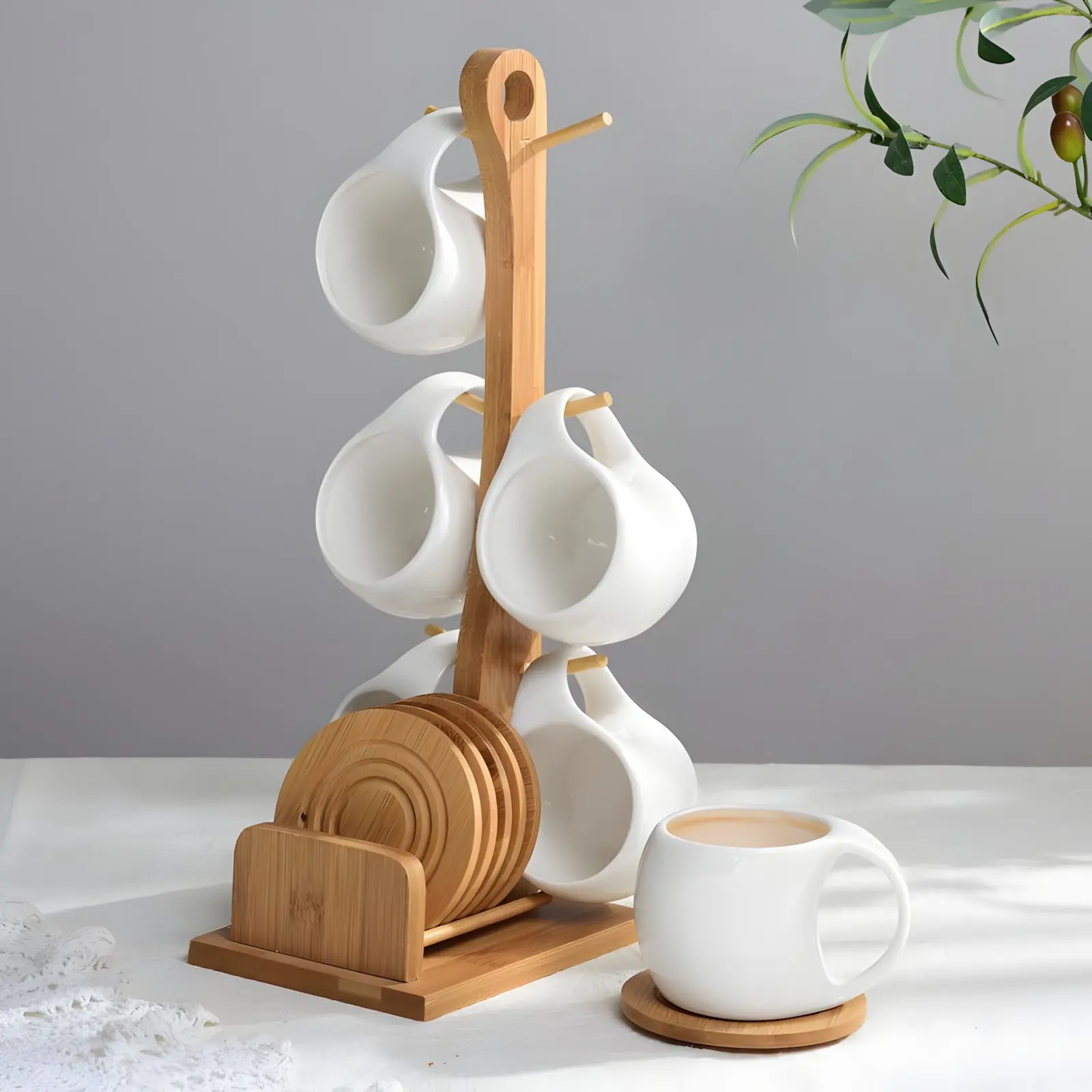 6-Piece Ceramic Coffee Cup & Saucer Set with Bamboo Stand – Heat-Resistant Mugs with Coasters, Modern Aesthetic Tea & Coffee Set for Home, Office, Dining Room – Stylish Holiday Gift for Friends Coffee Drinkware