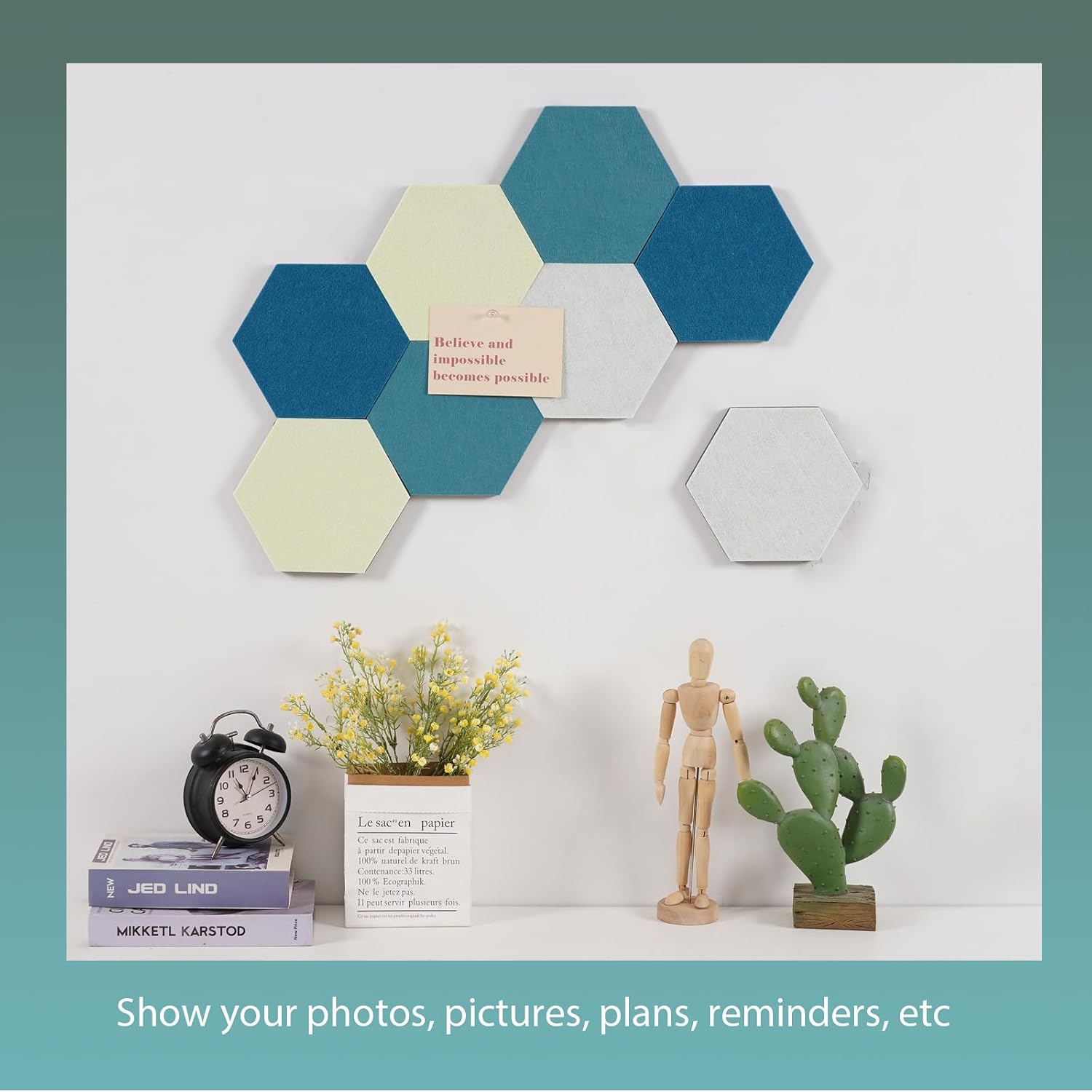 Felt Bulletin Board Tiles, 8 count Hexagon Wall Tiles with Removable Adhesive, 7.9×6.9 Inch Cork Pin Board for Classroom, , Office (Set A, Middle)