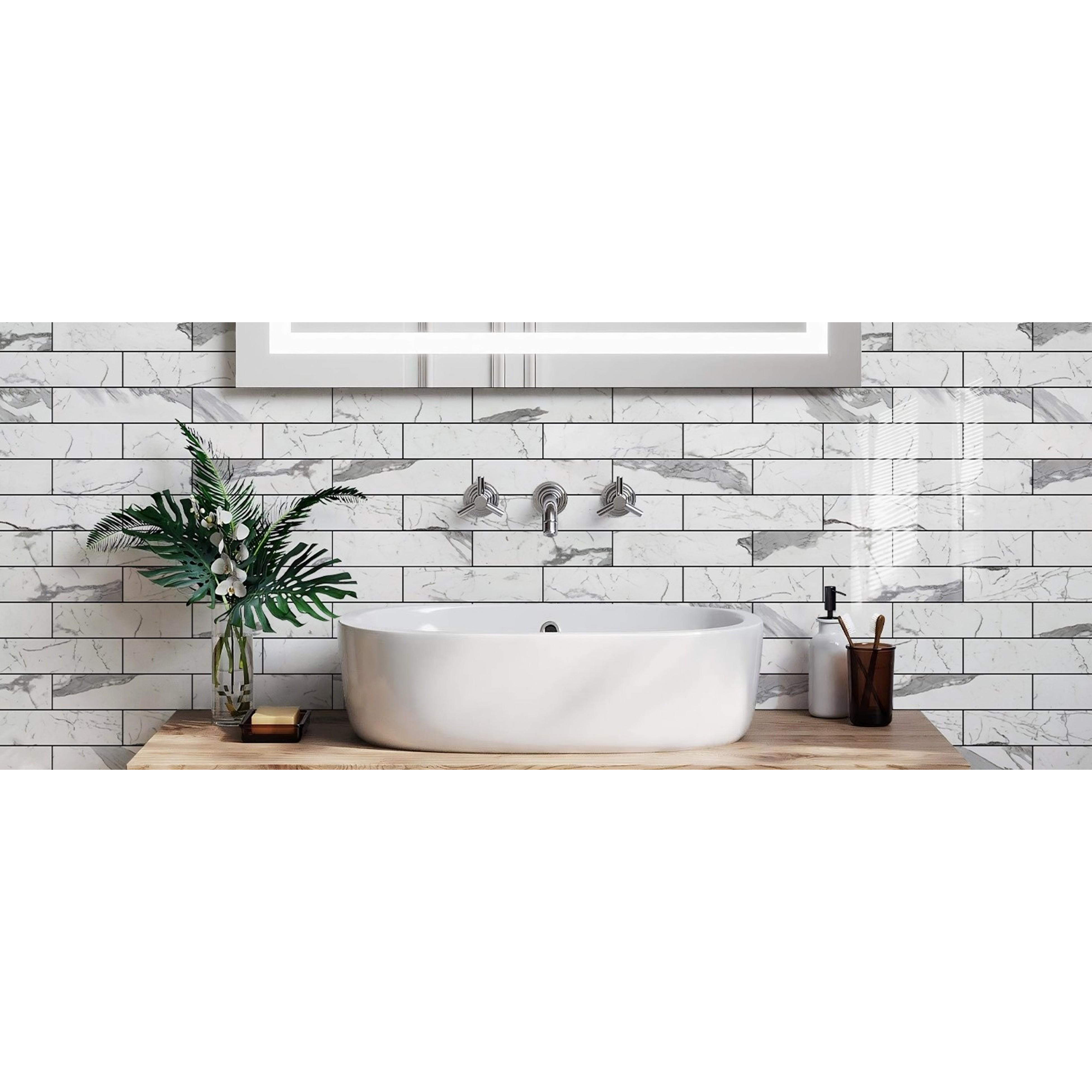 Peel and Stick Backsplash, Glossy 40-Piece 3''x12'' Subway Tile | Statury White with Dark Gray Grout Wall Tile,PVC Faux Stone Stick on Subway Tiles for Kitchen,Bathroom,Laundry,Camper Peel and Stick Backsplash, Glossy 40-Piece 3''x12'' Subway Tile | Statury White with Dark Gray Grout Wall Tile,PVC Faux Stone Stick on Subway Tiles for Kitchen,Bathroom,Laundry,Camper