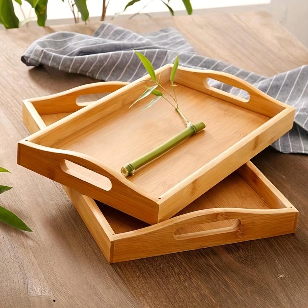 1pc Bamboo Wooden Serving Tray - Large Rectangular Bamboo Dish with Rounded Edges & Sturdy Sides, Dining Table, Parties, Holidays - Multi-Purpose Appetizer, Dessert, Beverage Tray (Bamboo Wood)