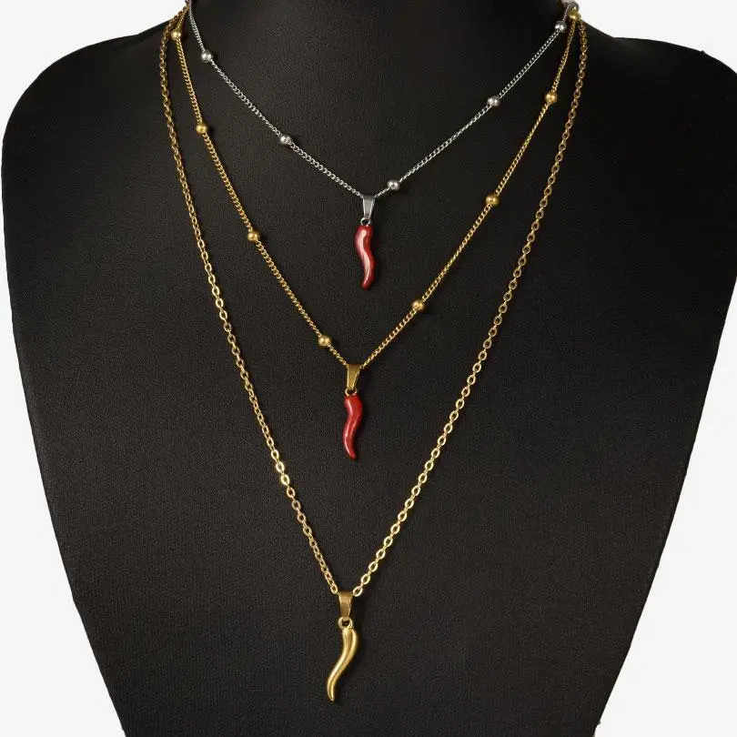 1Pc Retro Stainless Steel Lucky Horn Cornicello Hot Pepper Pendant Necklace - Gothic Italian Chilli Aesthetic Accessory, Costume Jewelry, Gift for Women, Accessory Necklace