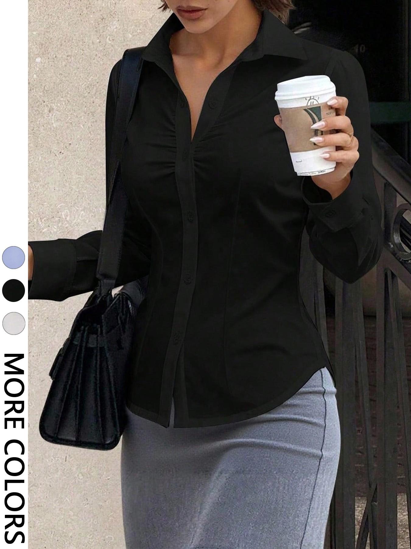 Women's Simple Basic Casual Fashion Elegant Versatile Office Fitted Long Sleeve Button Blouse Shirt, Spring & Fall, Plain Pattern, No Ca Prop 65