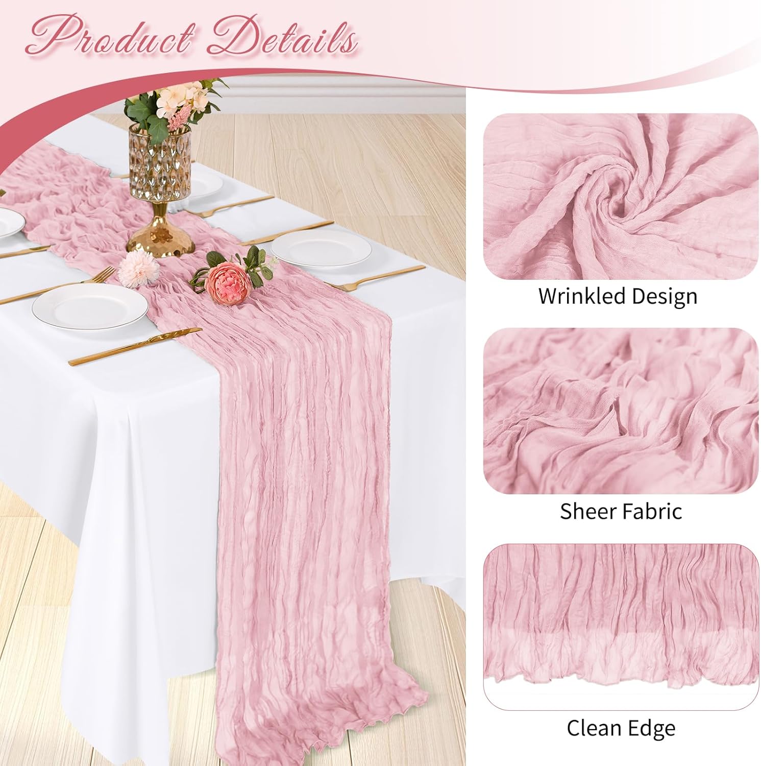 Crinkled Gauze Festive Table Runner, Semi-Sheer Boho Bali Voile Table Runner, Perfect for Wedding, Birthday, Party, Holiday and Home Decorations