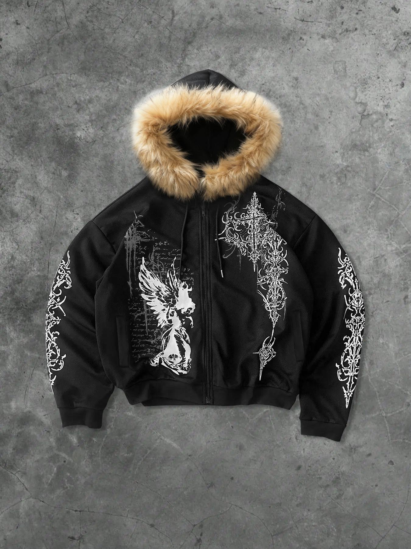 Men's Fleece-Lined Open Front Hoodie with Gothic Print, Casual Fashion Pullover for Daily Wear, Comfortable and Stylish Sweatshirt