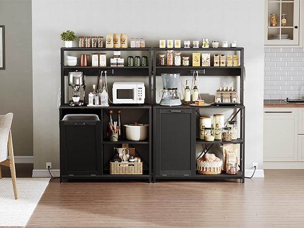 HOOBRO Bakers Rack Microwave Stand with Trash Can Bin Cabinet, 5-Tier Kitchen Organiser Storage Shelf Cabinet with Power Outlet, Tall Coffee Bar Table Station for Dining Room, Living Room#springtok