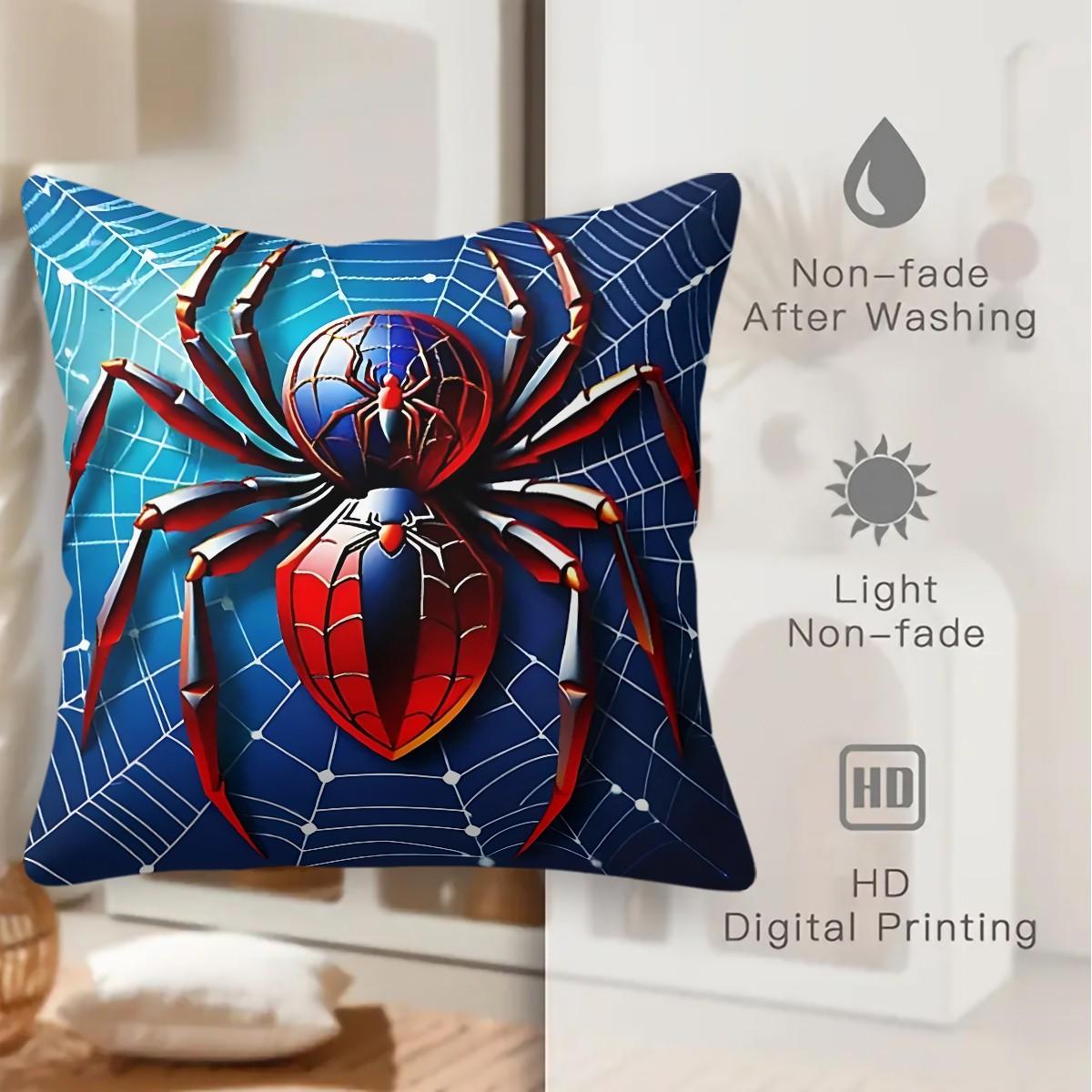 Large Spider Pattern Digitally Printed Throw Pillow (With Insert), 45cm Square Pillow, Featuring a Blue Sphere and Red Shield Design, Suitable for Sofas and Bedrooms, Eye-Catching and a Unique Cushion for Spider Enthusiasts.