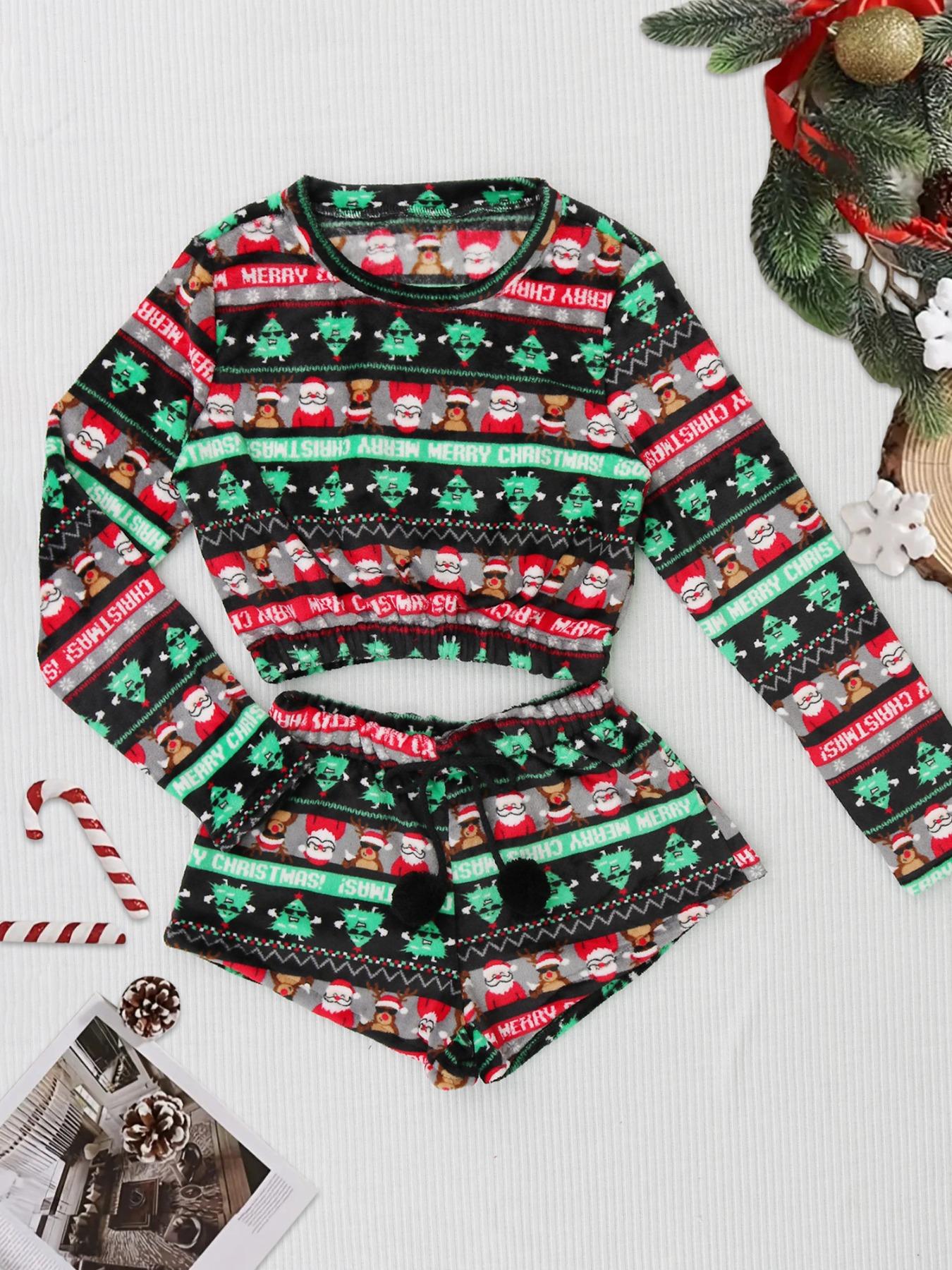 Women's Geometric Print Coral Fleece Loungewear Set, Fluffy Pajamas, Boho Long Sleeve Sleep Top & Pom Pom Decor Drawstring Shorts, Women's Sleepwear, Valentine's Day Gift for Girl