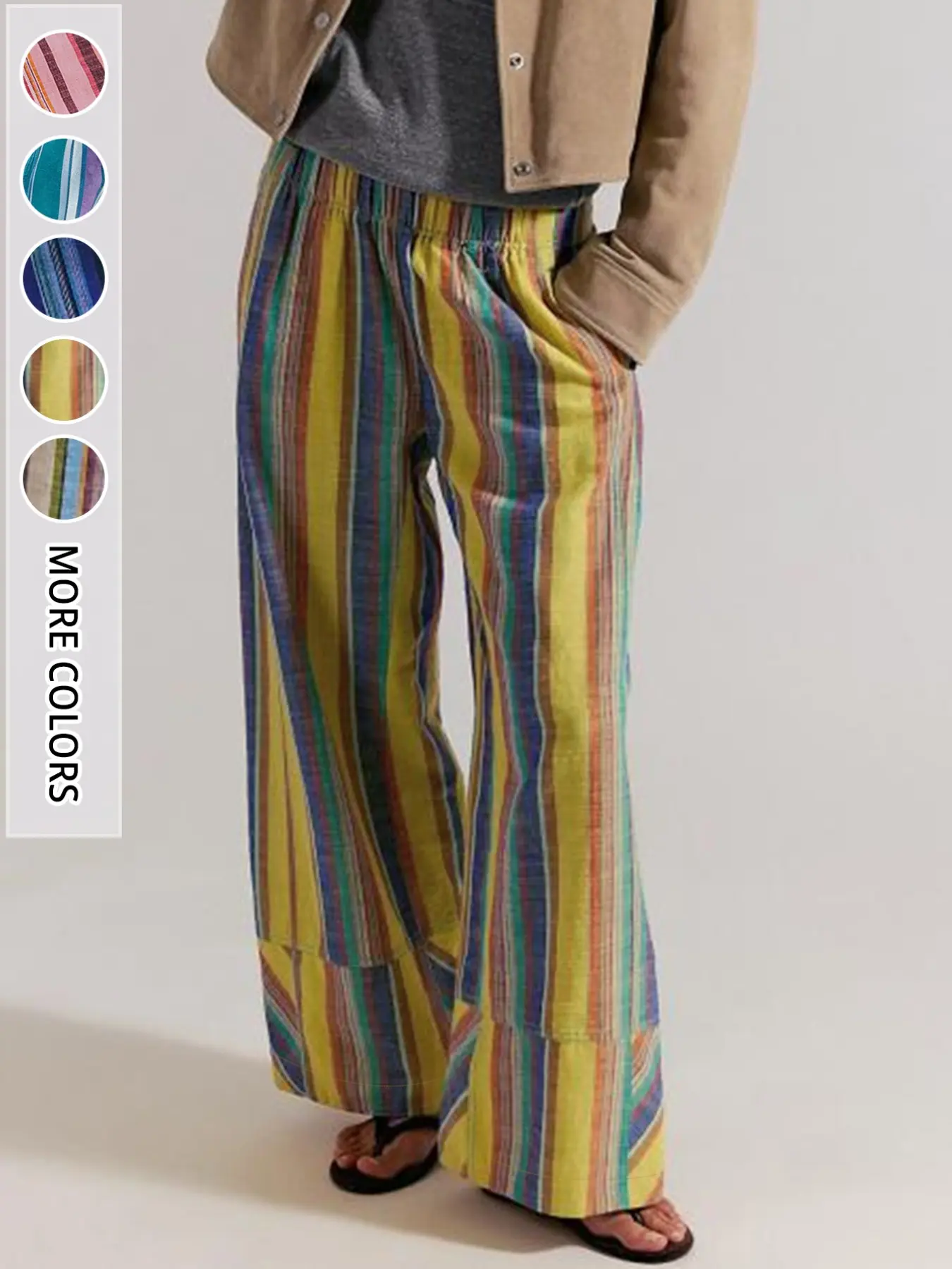 Summer Vacation Casual Wide Leg Pants, Ethnic Style Multicolor Vertical Stripes, Elastic Waist, Loose Fit, Fashionable Long Trousers