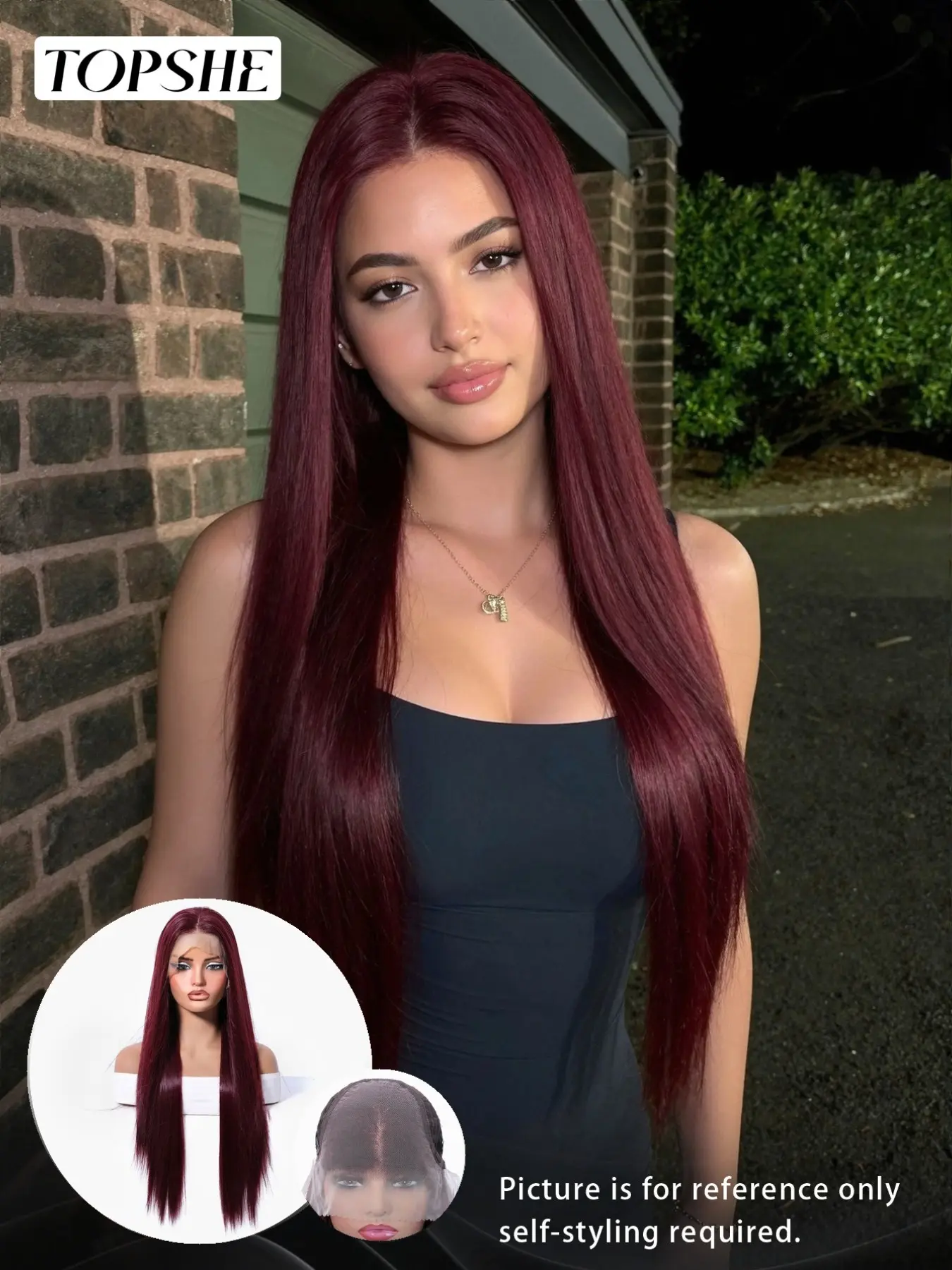 Topshe Hot Selling 13×6 Wide Lace Front Long Sleek Straight Wig, Solid Burgundy Red, Pre Plucked Natural Baby Hairline, Futura Heat Resistant Synthetic Fiber, Glueless Wear & Go For Daily Makeup Party Photoshoot