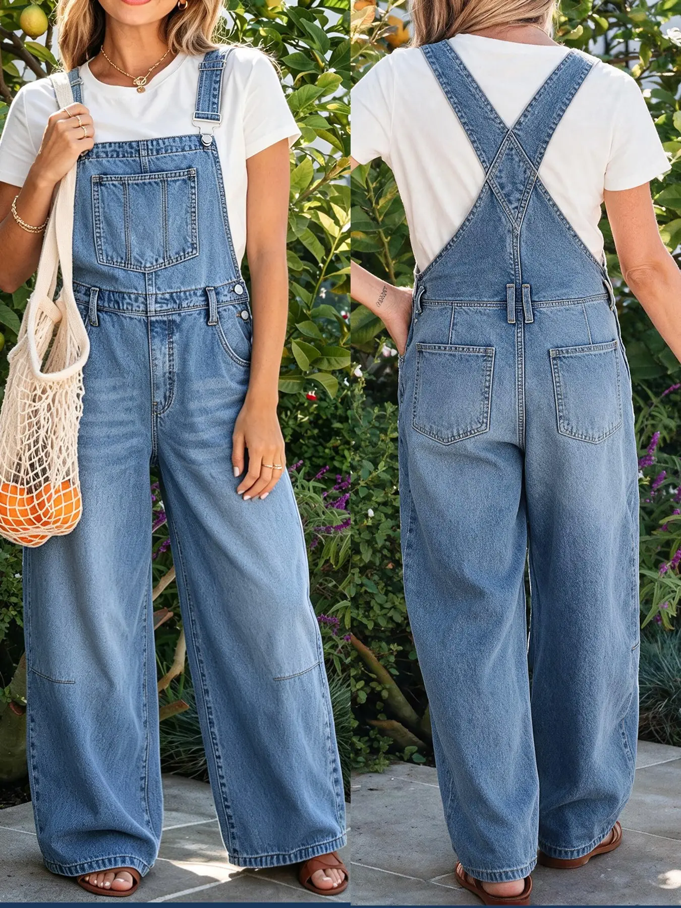 Women's Light Blue Washed Adjustable Denim Bib Pants, Loose Fit Wide Leg Long Pants, Vintage Casual Workwear, All Seasons
