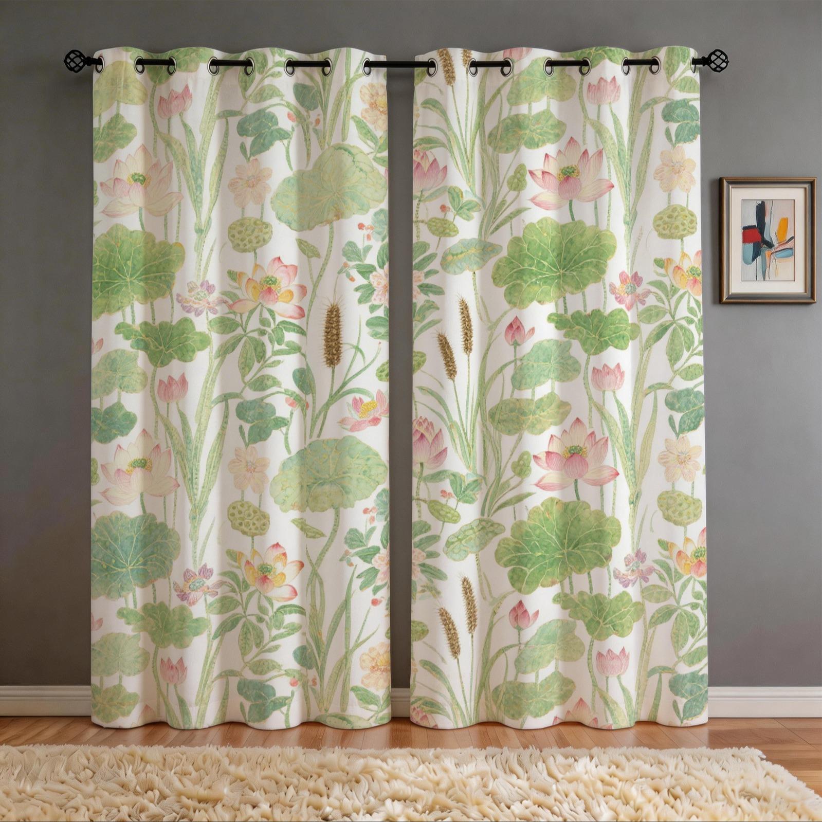Watercolor Lotus Pond Curtains 2 Panels, HD Digital Printed Curtains, 80%-90% Light Blocking Darkening Curtains, Easy to Install Decorative Curtains for Living Room Bedroom Home Decor
